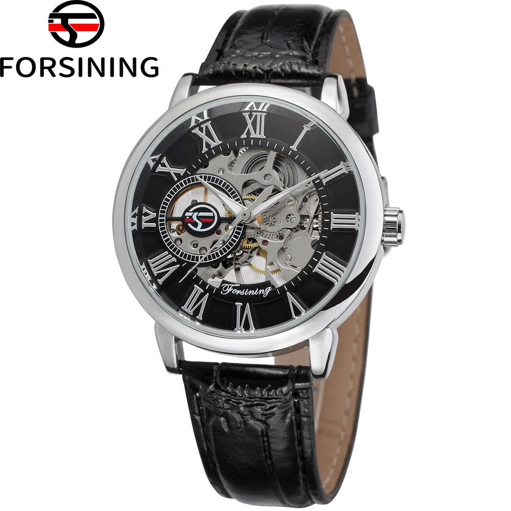 Forsining Transparent Luxury Skeleton Mechanical Watches Casual Leather Strap thin Watch for Men Luminous Hands reloj hombre