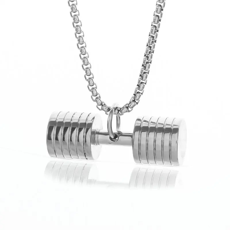 Fashionable dumbbell necklace designed for muscle men, perfect for sports and fitness. It's a great couple's gift and fits well with hip hop gym trends. Ideal jewelry for fitness lovers!