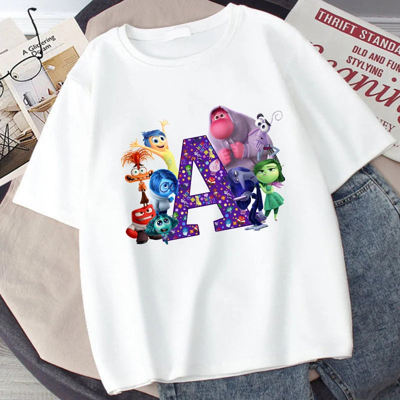 Disney Inside Out 2 Kids Cotton T-Shirt Anime Cartoon 26 Letter Printed Top Summer Loose Comfort Pullover Casual Clothes Gifts