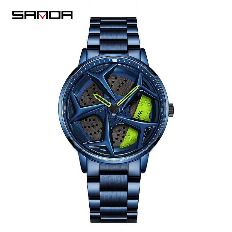 SANDA P1087 Top Brand Sport Car Wheel Rim Hub Watches For GTR Men Super Watch Stainless Steel Waterproof WristWatch Male Reloj