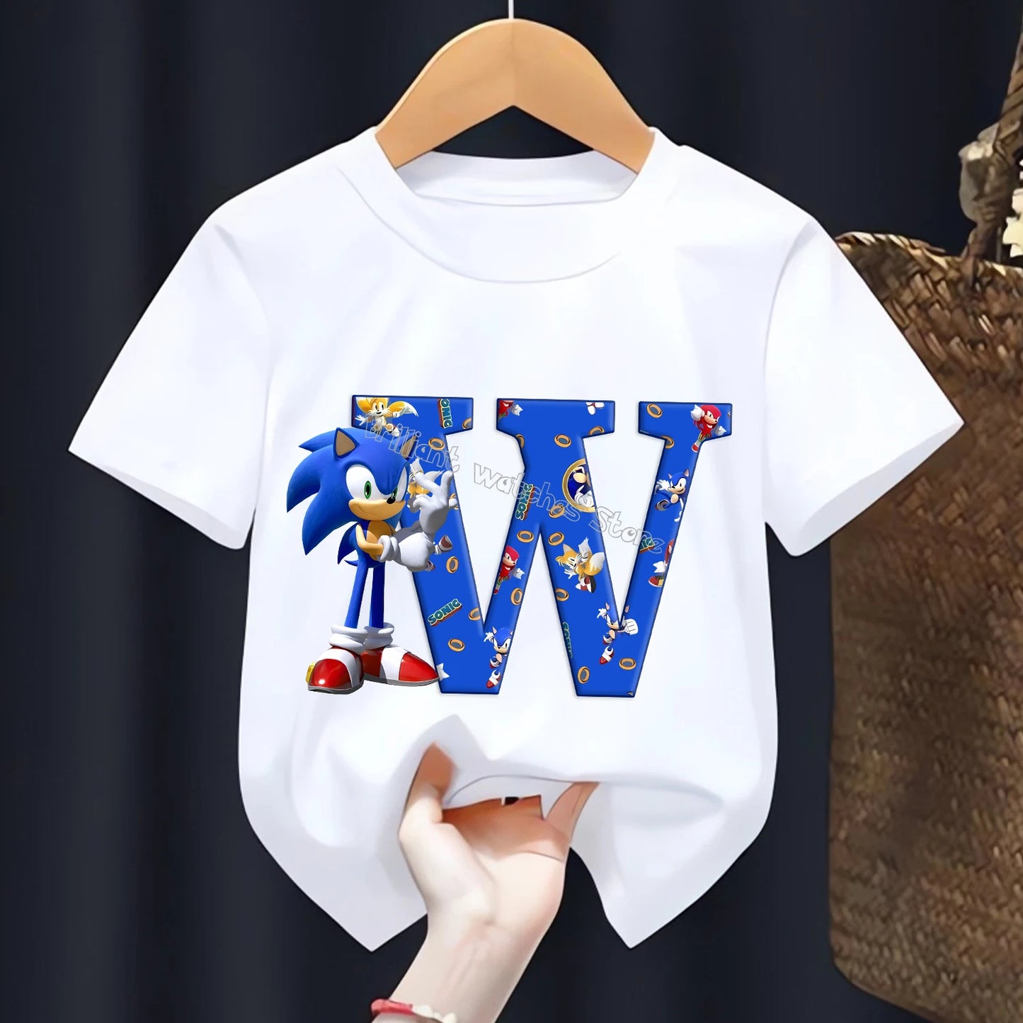 Sonic T-shirt for Children Letters A-Z Tee Top Cartoon Boys Clothes Fashion White Short Sleeve Kids Anime Loose Clothing Gift