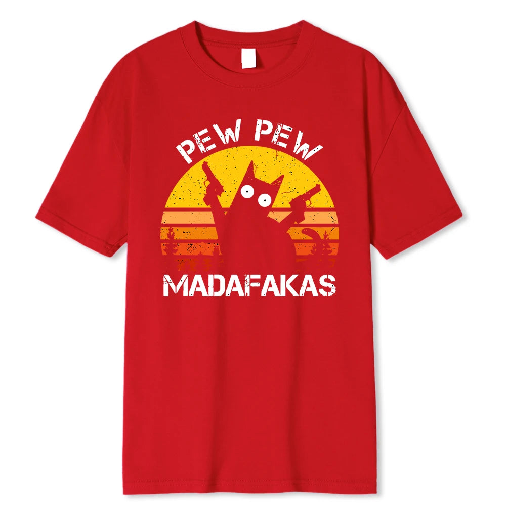 Pew Pew Madafakas Cat With Two Guns Printing Men T Shirts Summer Cotton T-Shirts Breathable Loose Clothes Hip Hop Street Tees