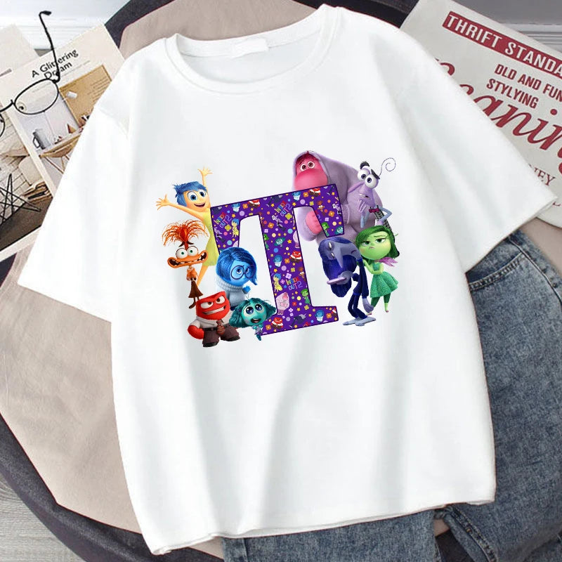 Disney Inside Out 2 Kids Cotton T-Shirt Anime Cartoon 26 Letter Printed Top Summer Loose Comfort Pullover Casual Clothes Gifts