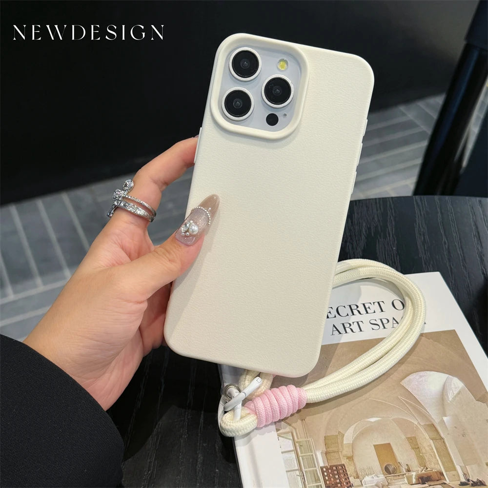 Fashion Cute Candy Leather Texture With Wrist Strap Case For iPhone 15 14 11 12 13 16 Pro Max Plus X XR XsMax Solid Color Cover