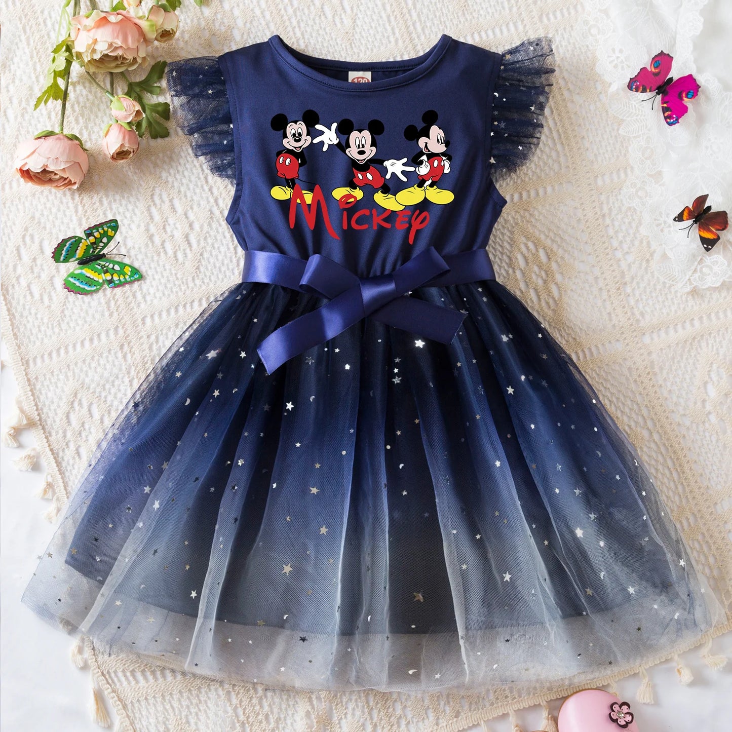 Mickey Minnie Mouse Girls Summer Clothes Flying Sleeves Bow Sequin Dress 2-6Y Kid Birthday Tutu Princess Dress for Baby Girl