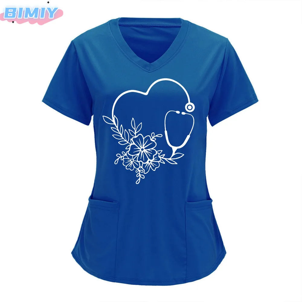 Letter Love Heart Nurse Uniform Print Tops V-Neck Pocket Medical Uniforms Nursing Scrubs Tops Working Clothes uniforme enfermera