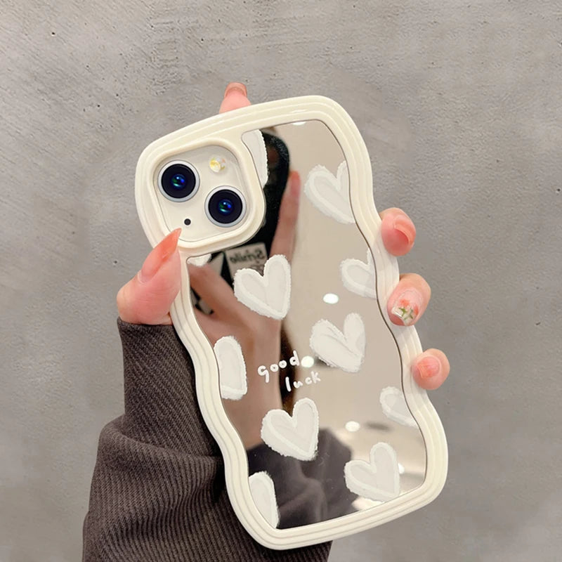 Korean Lovely White Heart Makeup Mirror Case For iPhone 14 15 16 Pro Max 13 11 12 14 Plus XS X XR Shockproof Soft Cover