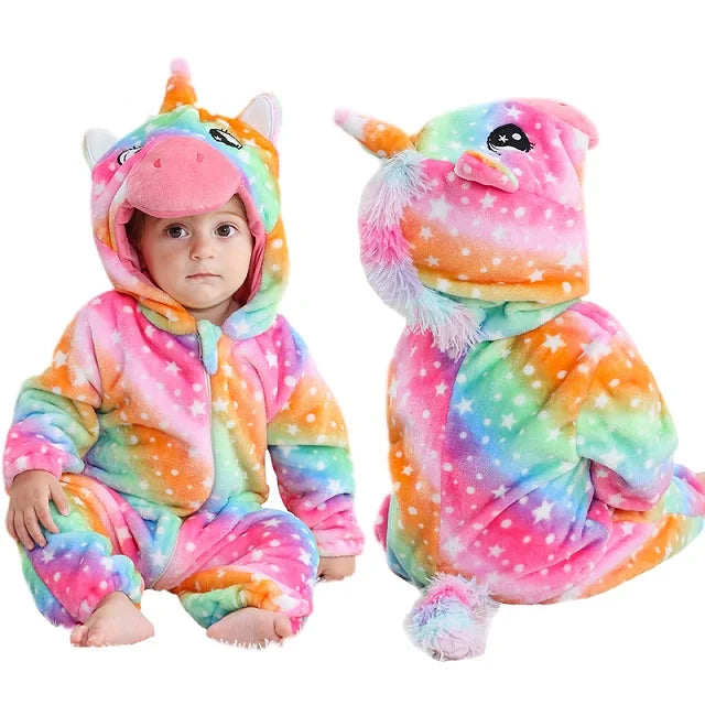 MICHLEY Halloween Baby Rompers Winter Clothes Flannel Hooded Bodysuits Pajamas Animals Overall Jumpsuit For Girls Boys Kids