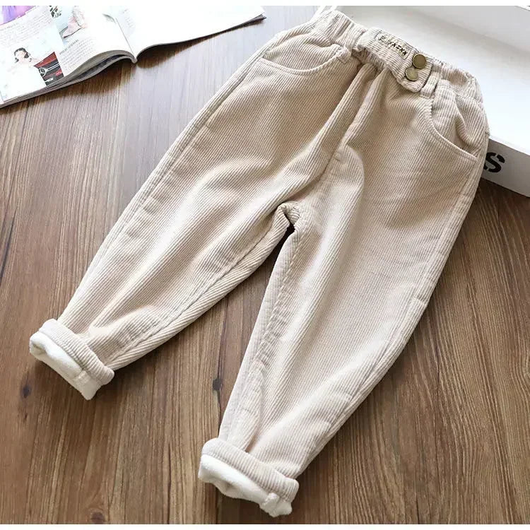 Kids Warm Pants Boy Girls Autumn Winter Corduroy Thick Outer Wear Sports Trousers 3-10Y Children Clothes Casual High Waist Pants