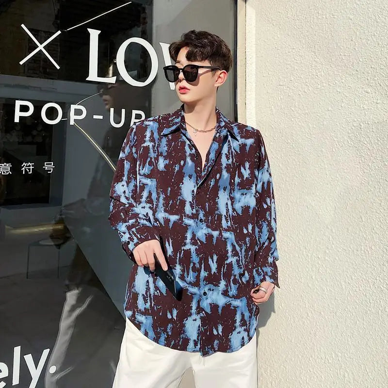 Fashionable Casual Streetwear Shirts Loose Button Printing Turn-down Collar Temperament Simplicity Handsome Men's Clothing 2023