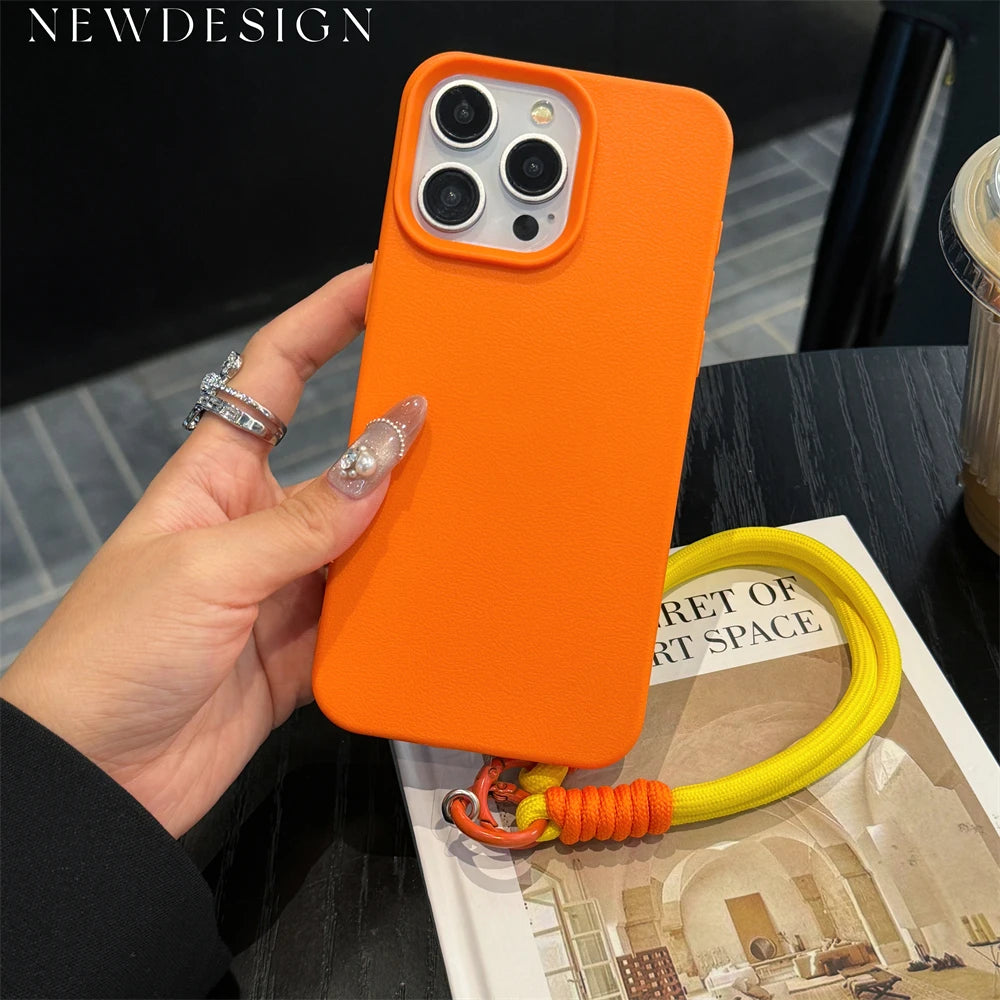 Fashion Cute Candy Leather Texture With Wrist Strap Case For iPhone 15 14 11 12 13 16 Pro Max Plus X XR XsMax Solid Color Cover