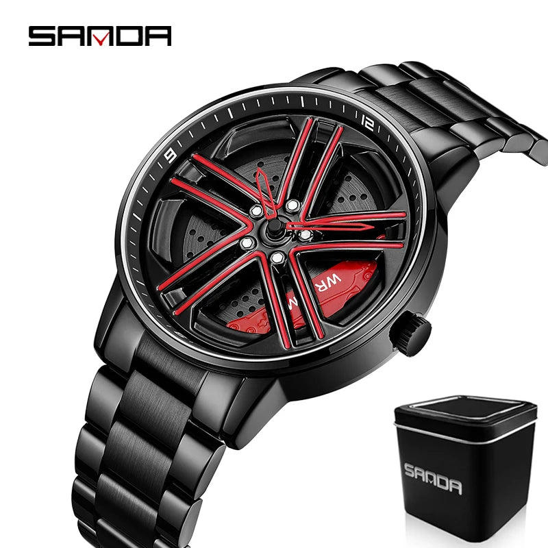 SANDA P1090 Regarder Mens Rim Hub Watch Wheel Wristwatch Clock Sport Car Creative 360 Spinning male WristWatches Reloj de hombre