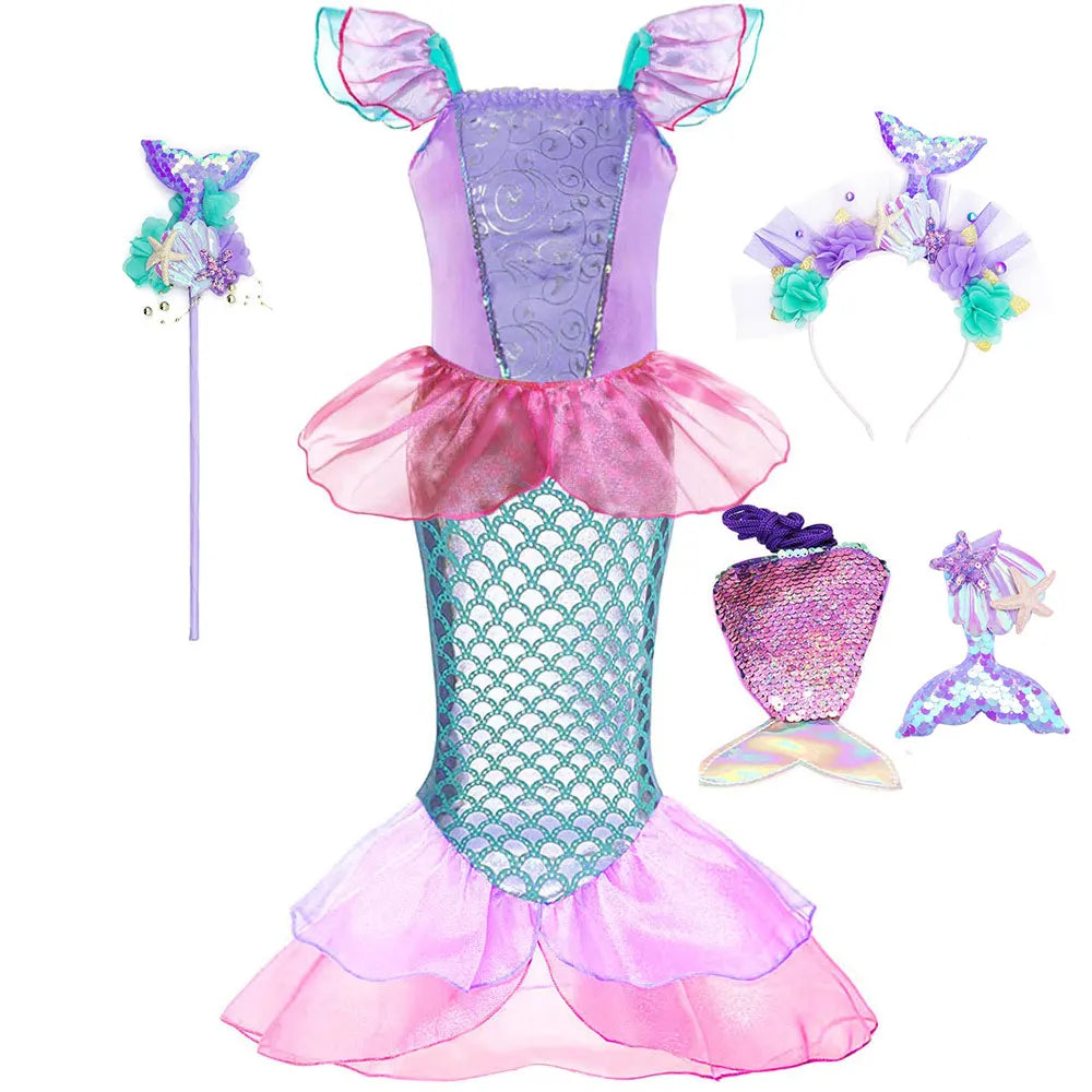 NEW Casual Ariel Mermaid Costume for Toddler Dress up Party Girls Siren Disguise Halloween Princess Apparel Fairy Little Mermaid