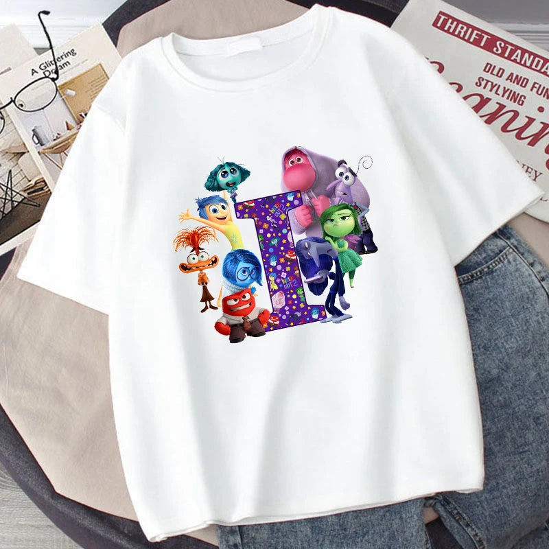 Disney Inside Out 2 Kids Cotton T-Shirt Anime Cartoon 26 Letter Printed Top Summer Loose Comfort Pullover Casual Clothes Gifts