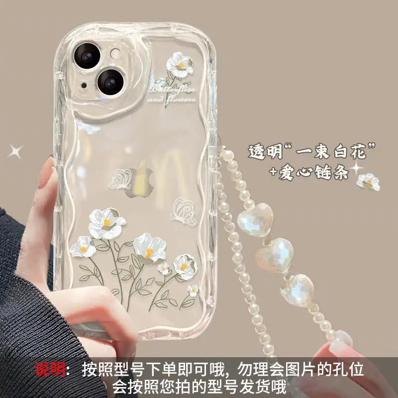 Phone Case For iPhone 16 15 Pro Max 14 11 13 12 Mini XR 8 7 Plus X XS SE 2020 2022  Back Cover Flower Bracelet Wrist Chain Strap