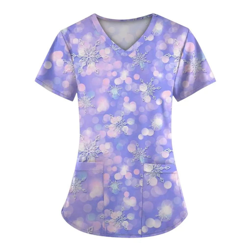 Women's work uniforms Christmas anime print cartoon V-neck tops ladies shirts nurse work clothes medical uniforms