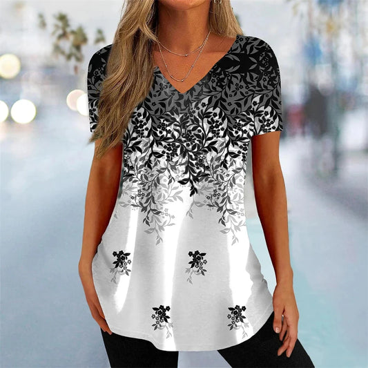 Simple Women's Short Sleeve 3D Flower Print Clothes Beautiful V Neck Short Sleeve T-Shirt Trendy Fashion Women's Streetwear