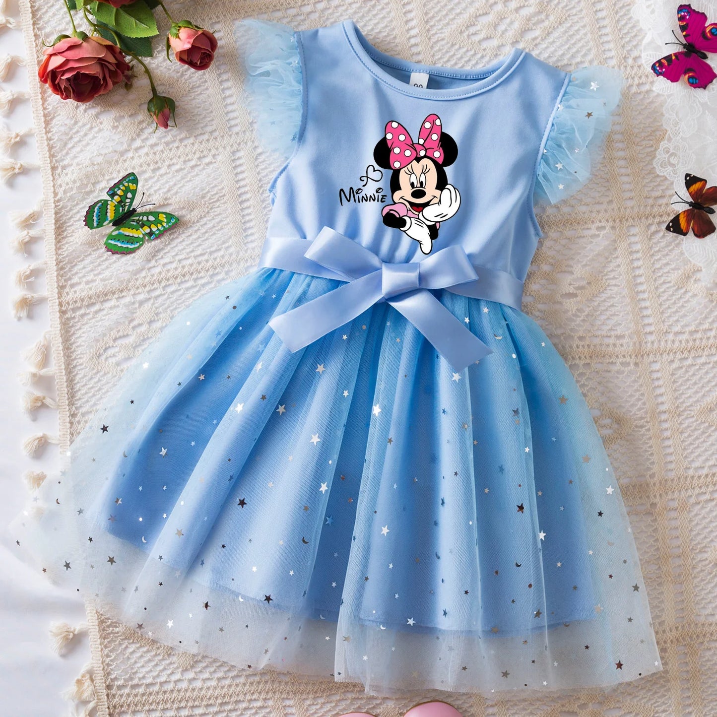 Mickey Minnie Mouse Girls Summer Clothes Flying Sleeves Bow Sequin Dress 2-6Y Kid Birthday Tutu Princess Dress for Baby Girl