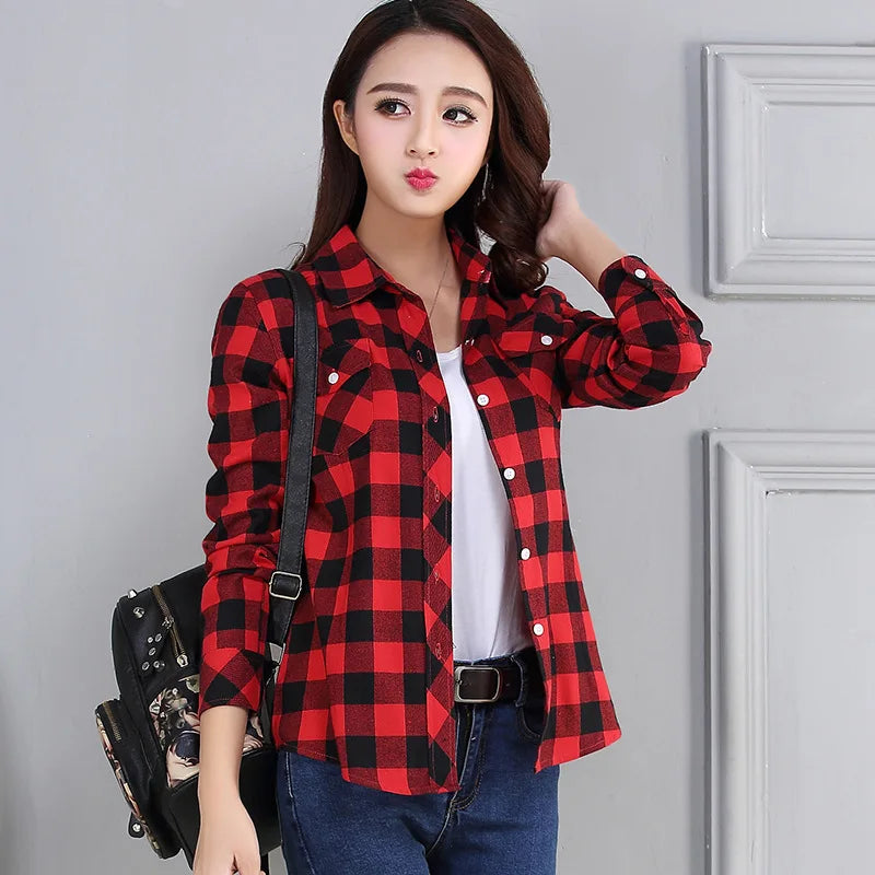 Women's Plaid Shirts 2023 Autumn New Ladies Casual Long Sleeve Pocket Cotton Shirt Fine Elegant Lady Checked Tops Clothes