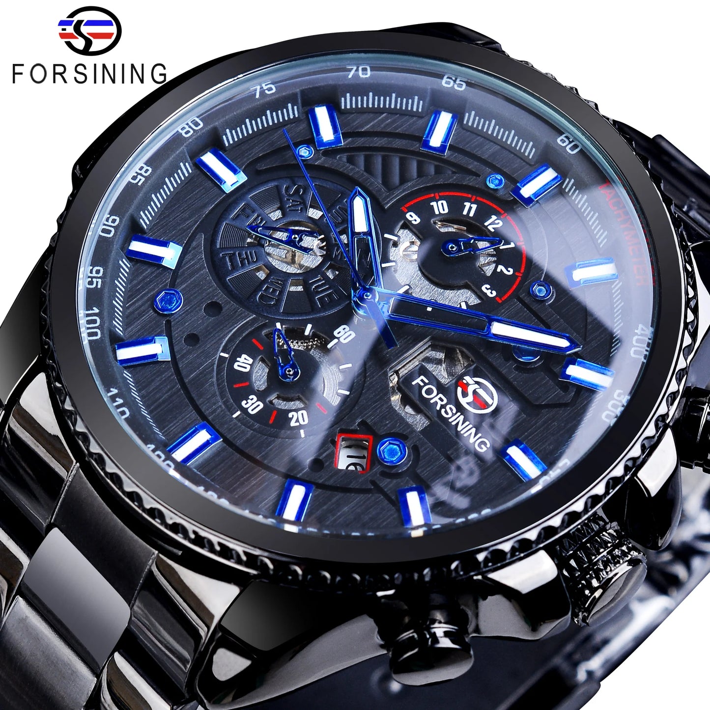 Forsining Top Men's Watches Military Stainless Steel Waterproof Date Week Display Brand Automatic Mechanical Watch for Men