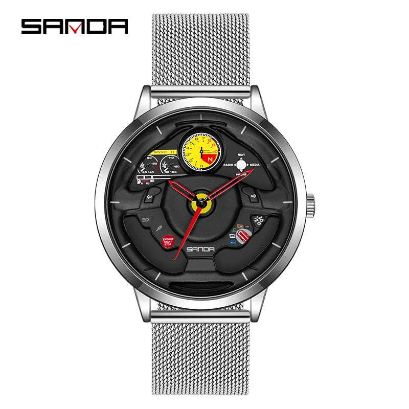 Fashion Sanda Top Brand Innovative Skeleton Men Sports Car Steering Wheel Waterproof Stainless Steel And Leather Quartz Watches