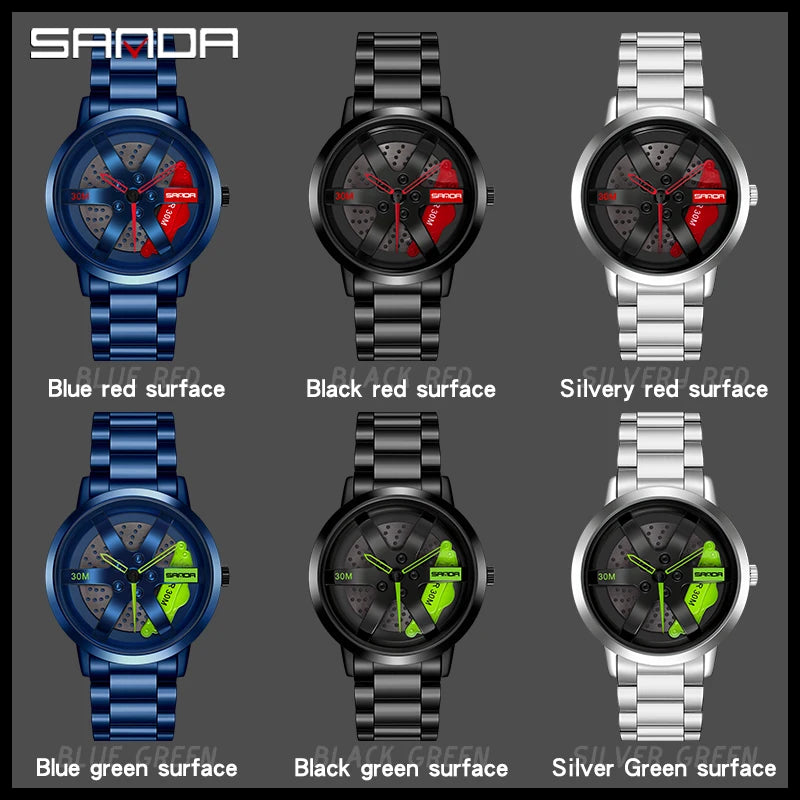 SANDA Fashion Rim Watch Hub Custom Design Sports Car Rim Sports Watch Waterproof Creative 2021 Male Watch Mens Wheel Wristwatch