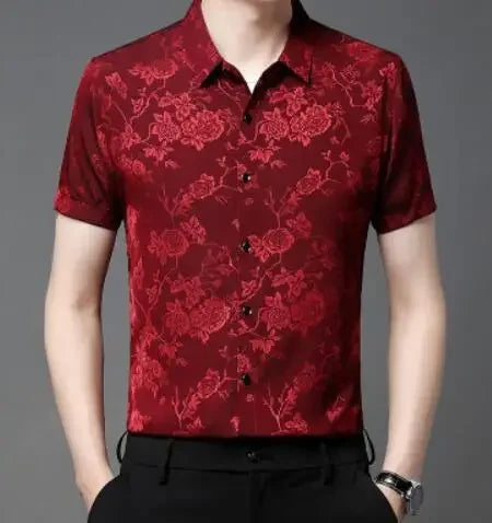 Printed Elastic Mens Shirts Loose Summer Mens Clothing Large Sizes Blouse Soft Comfortable Work Office Wear Stretch Clothes Gent