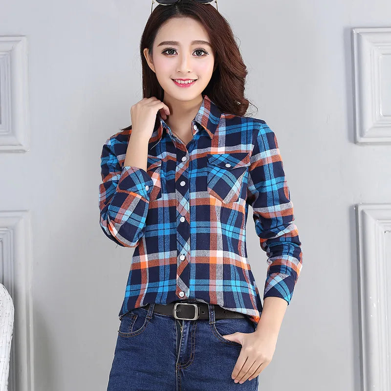 Women's Plaid Shirts 2023 Autumn New Ladies Casual Long Sleeve Pocket Cotton Shirt Fine Elegant Lady Checked Tops Clothes