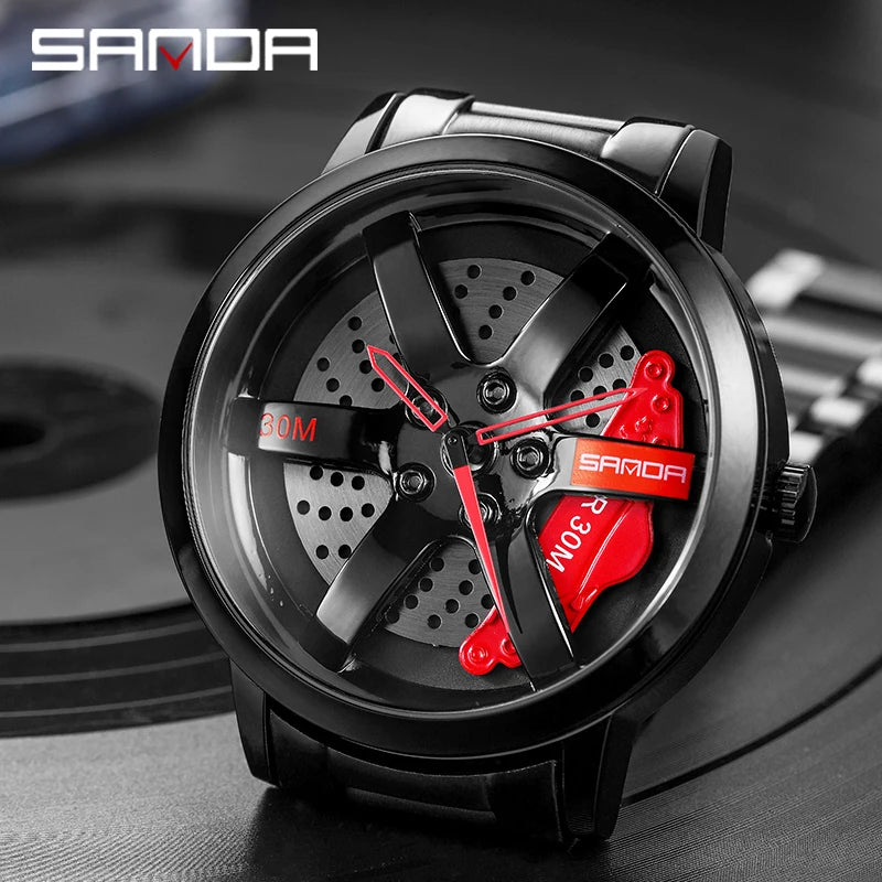 SANDA Fashion Rim Watch Hub Custom Design Sports Car Rim Sports Watch Waterproof Creative 2021 Male Watch Mens Wheel Wristwatch