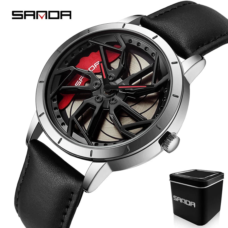 SANDA 1086 360 Degrees Rotating Wheel Dial Men's Quartz Watches Men Fashion Business Racing Car Rim Wristwatch Relogio Masculino