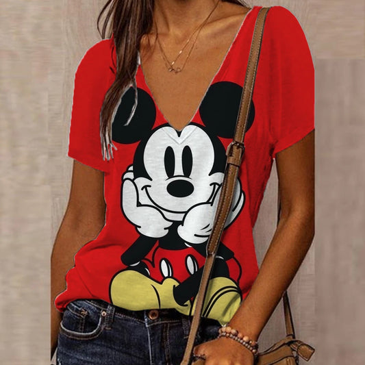 Disney Mickey Mouse Print T-shirt For Women Summer Girls Clothes Tees Female Harajuku Sweatshirt Blouse V-neck Short Sleeve Tops