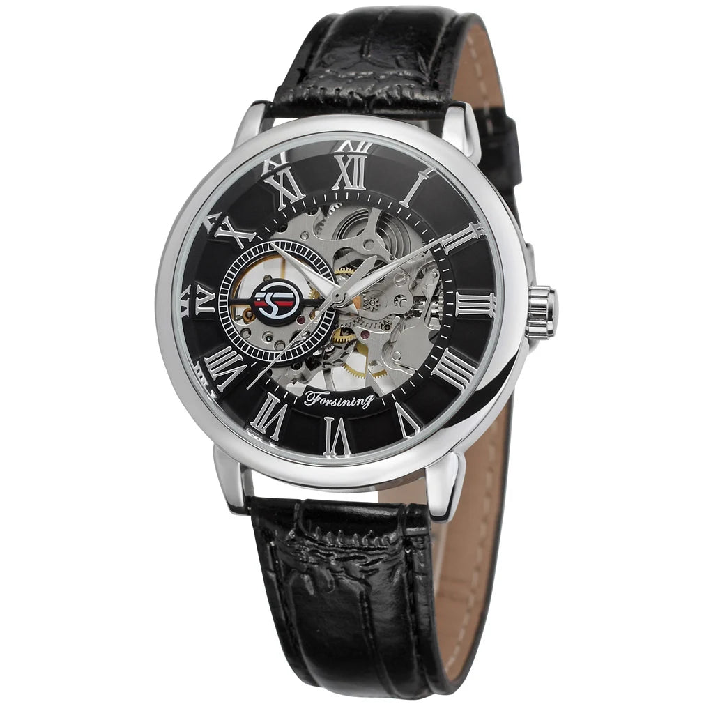 Forsining Transparent Luxury Skeleton Mechanical Watches Casual Leather Strap thin Watch for Men Luminous Hands reloj hombre