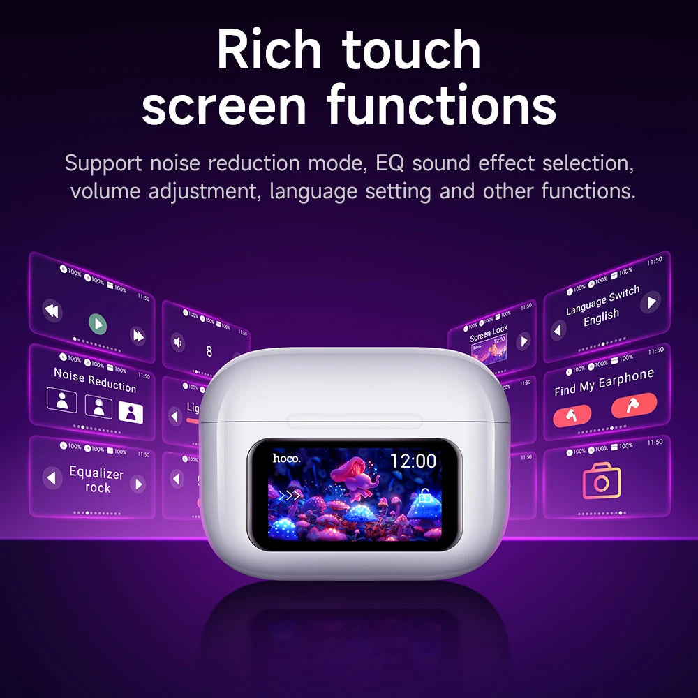 HOCO EW72 Wirelss Bluetooth 5.4 ANC Noise Reduction Earphone With LED Full Touch Smart Screen Charging Box Music Sports Earbuds