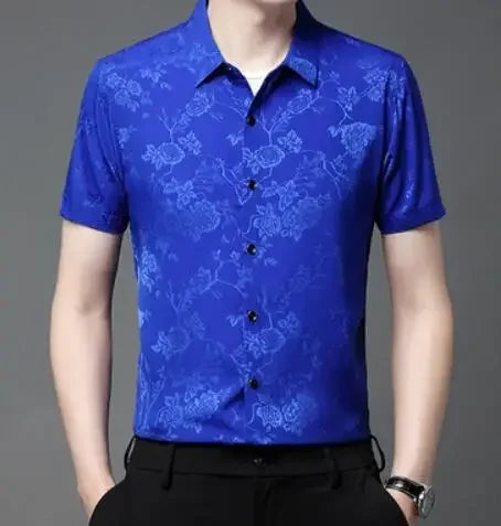 Printed Elastic Mens Shirts Loose Summer Mens Clothing Large Sizes Blouse Soft Comfortable Work Office Wear Stretch Clothes Gent