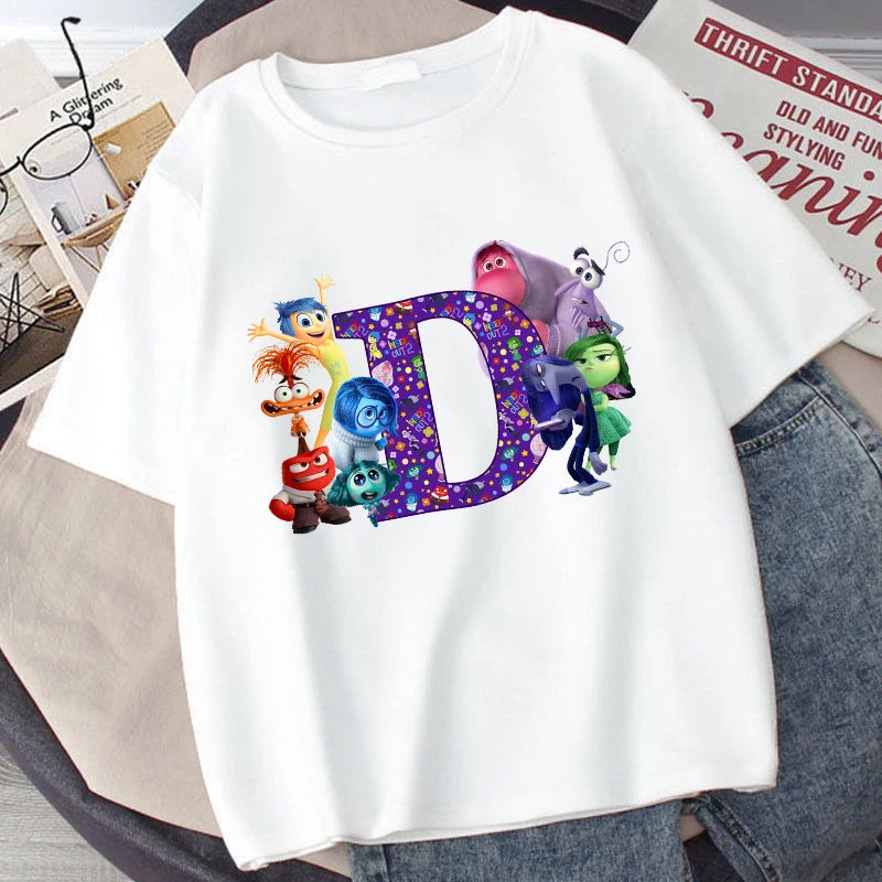 Disney Inside Out 2 Kids Cotton T-Shirt Anime Cartoon 26 Letter Printed Top Summer Loose Comfort Pullover Casual Clothes Gifts