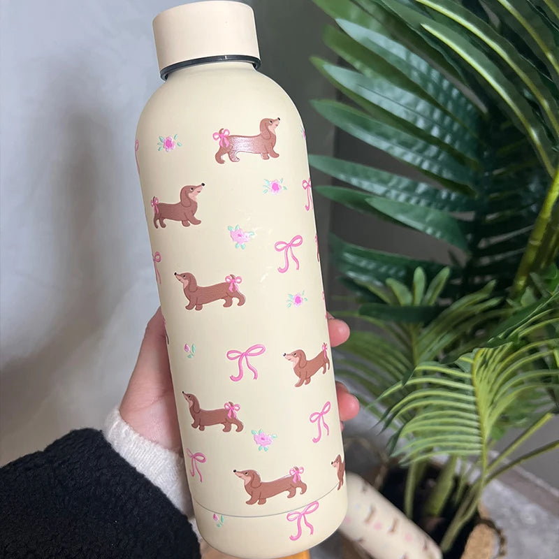 Kawaii Puppy Coffee Tumbler Stainless Steel Thermos Bottle Cup Cute Korean Travel Insulated Flask Thermal Water Bottle 500ml