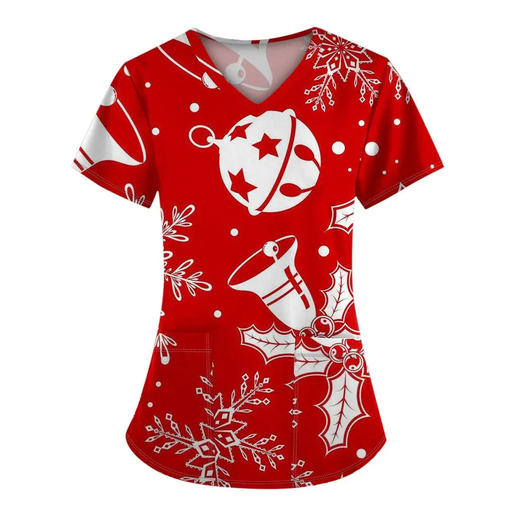 Women's work uniforms Christmas anime print cartoon V-neck tops ladies shirts nurse work clothes medical uniforms