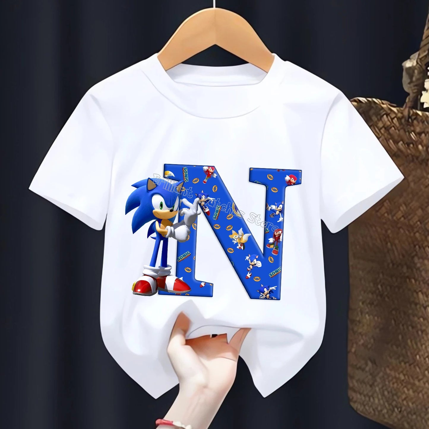 Sonic T-shirt for Children Letters A-Z Tee Top Cartoon Boys Clothes Fashion White Short Sleeve Kids Anime Loose Clothing Gift