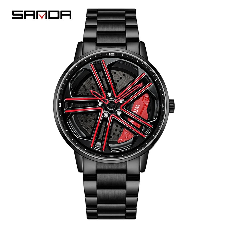 SANDA P1090 Regarder Mens Rim Hub Watch Wheel Wristwatch Clock Sport Car Creative 360 Spinning male WristWatches Reloj de hombre