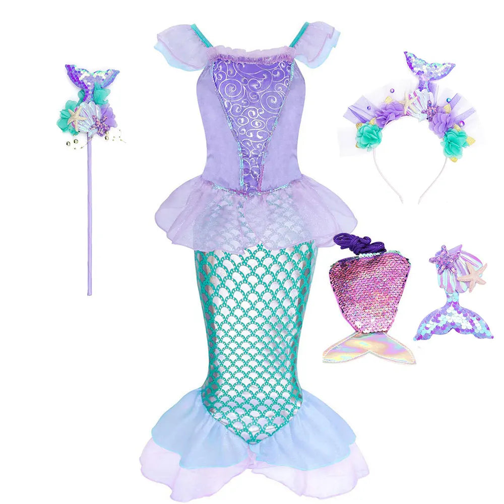 NEW Casual Ariel Mermaid Costume for Toddler Dress up Party Girls Siren Disguise Halloween Princess Apparel Fairy Little Mermaid