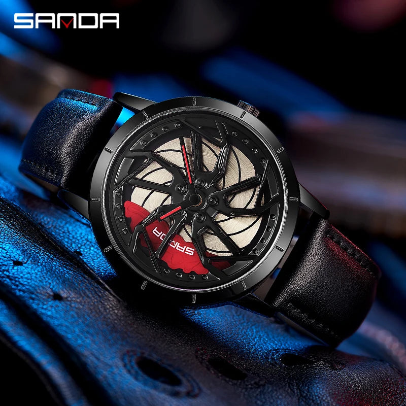 SANDA 1086 360 Degrees Rotating Wheel Dial Men's Quartz Watches Men Fashion Business Racing Car Rim Wristwatch Relogio Masculino