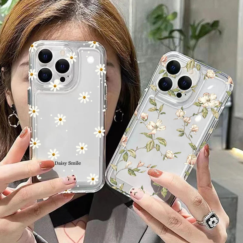 Phone Case For iPhone 16 15 Pro Max 14 13 12 11 XS X 7 8 Plus SE 2020 2022 Small Chrysanthemum Flowers Pattern Transparent Cover