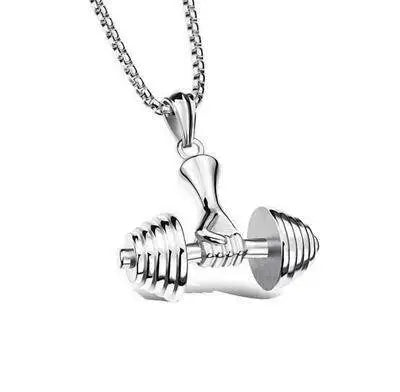 Fashionable dumbbell necklace designed for muscle men, perfect for sports and fitness. It's a great couple's gift and fits well with hip hop gym trends. Ideal jewelry for fitness lovers!