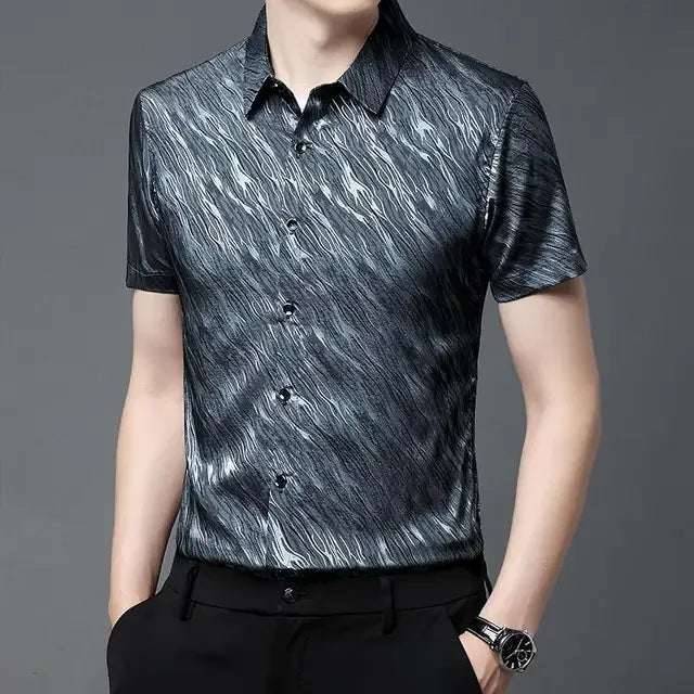 Printed Elastic Mens Shirts Loose Summer Mens Clothing Large Sizes Blouse Soft Comfortable Work Office Wear Stretch Clothes Gent