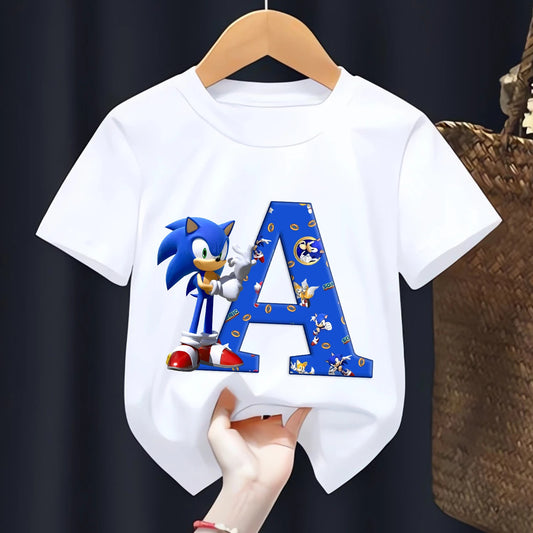 Sonic T-shirt for Children Letters A-Z Tee Top Cartoon Boys Clothes Fashion White Short Sleeve Kids Anime Loose Clothing Gift