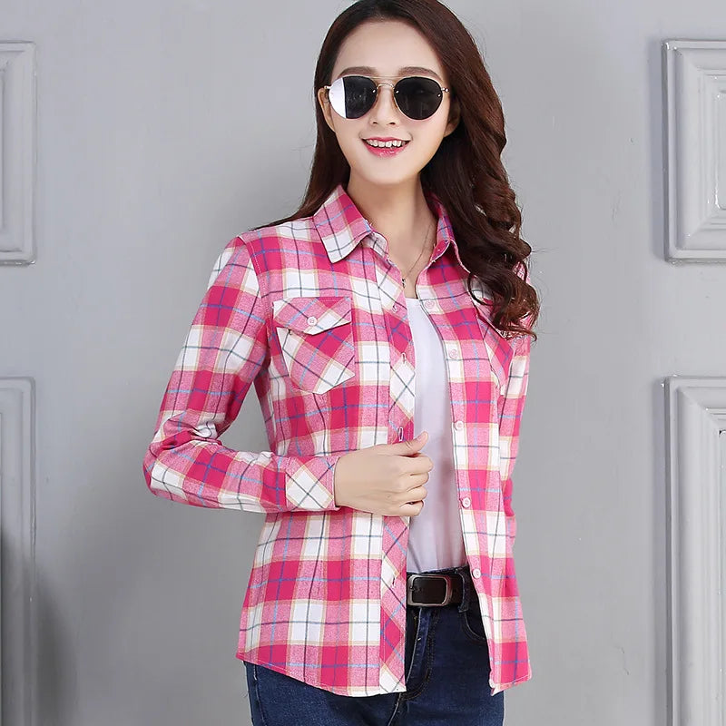 Women's Plaid Shirts 2023 Autumn New Ladies Casual Long Sleeve Pocket Cotton Shirt Fine Elegant Lady Checked Tops Clothes