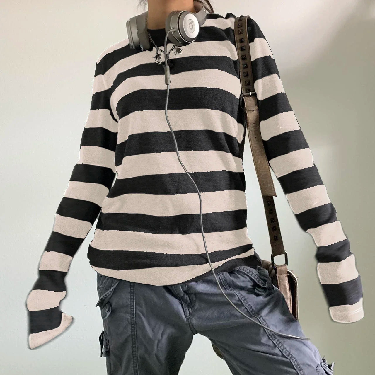 y2k Aesthetic T Shirt  Women Grey Striped Long Sleeve Tops Gothic E Girl Punk Dark Academia Clothes Streetwear