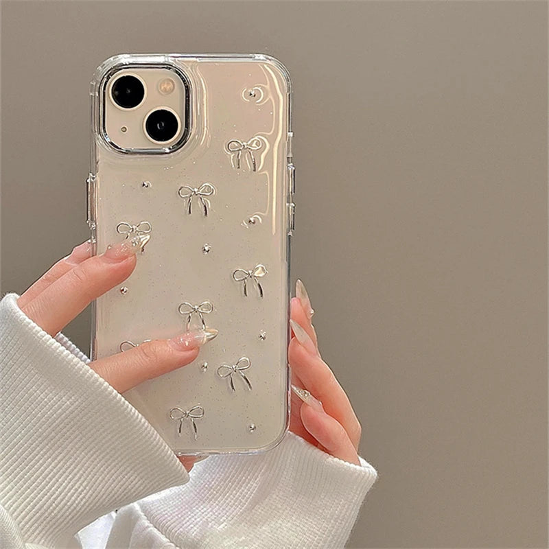 INS Korea Glitter 3D Silver Bow Beads Phone Case For iPhone 16 15 14 13 12 11 Pro Max 7 8 Plus X XS Epoxy Shell Girl Clear Cover