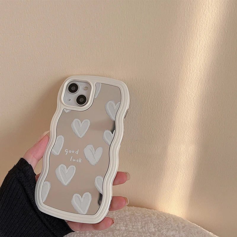 Korean Lovely White Heart Makeup Mirror Case For iPhone 14 15 16 Pro Max 13 11 12 14 Plus XS X XR Shockproof Soft Cover