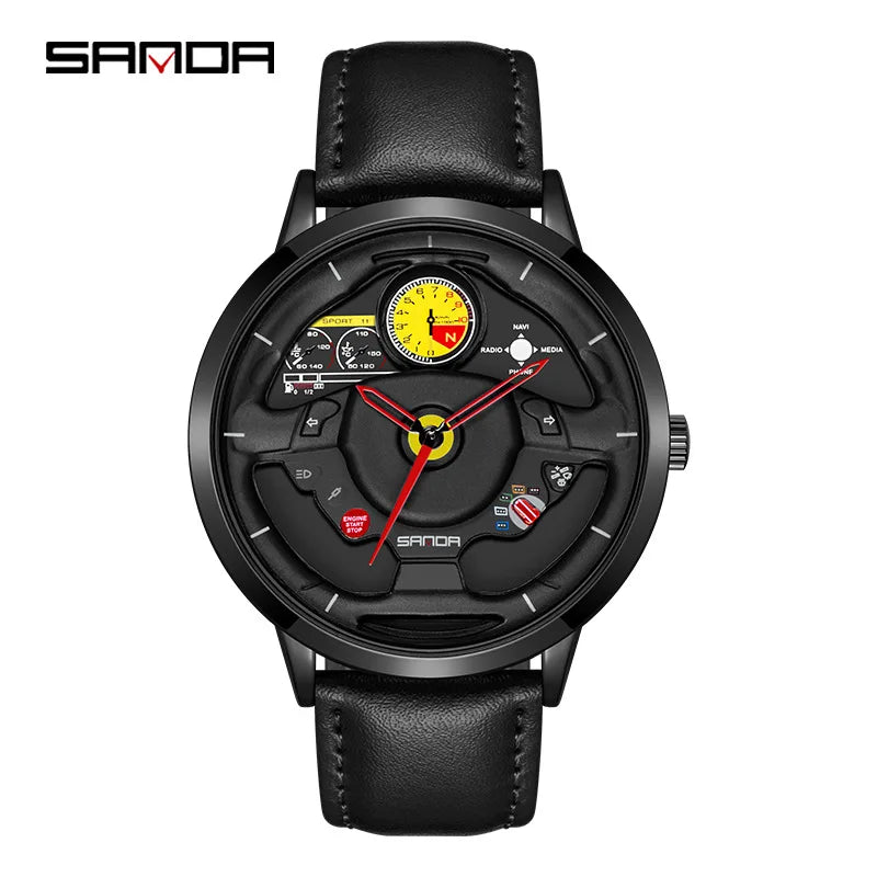 Fashion Sanda Top Brand Innovative Skeleton Men Sports Car Steering Wheel Waterproof Stainless Steel And Leather Quartz Watches